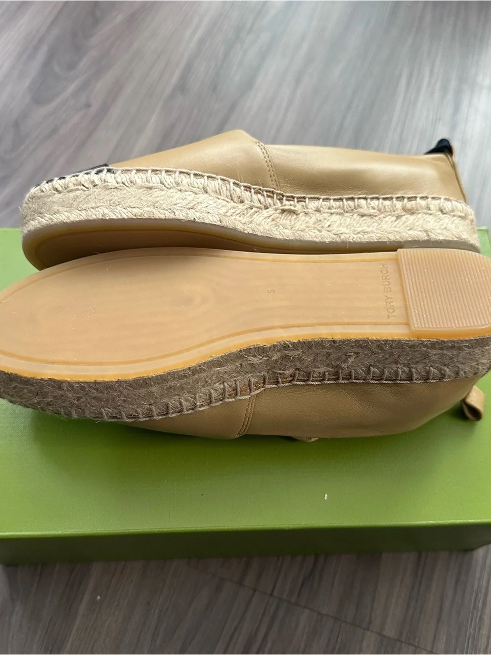 Tory Burch Tan and Black Leather Espadrille Slip-Ons